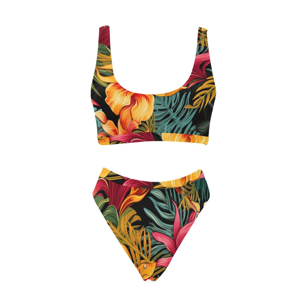 Women's Tropical Sport Bra/Bikini Set Sport Top & High-Waisted Bikini Swimsuit (Model S07)