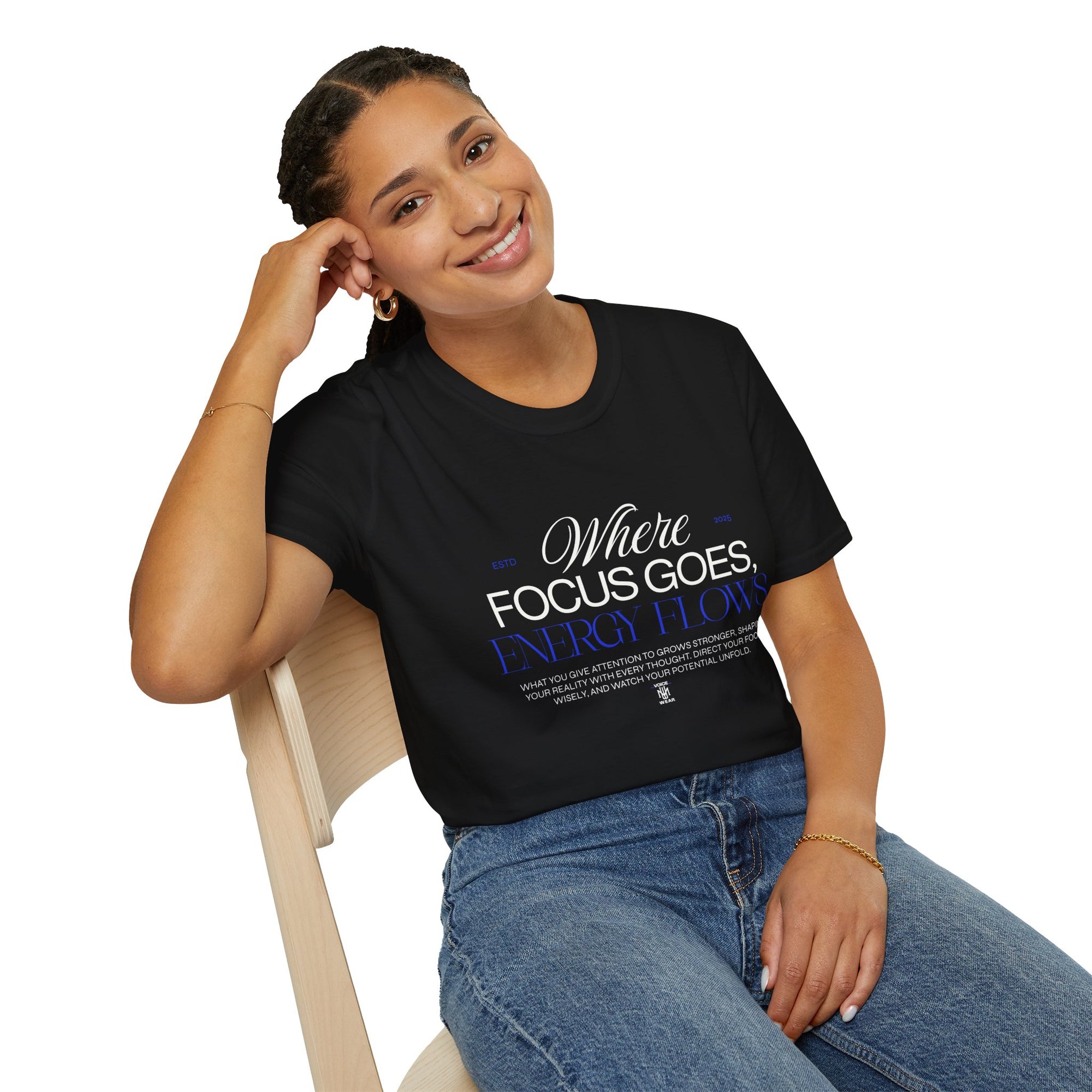 "Where Focus Goes" (Blue) - "moti-Voice-tion Wear" T-Shirt