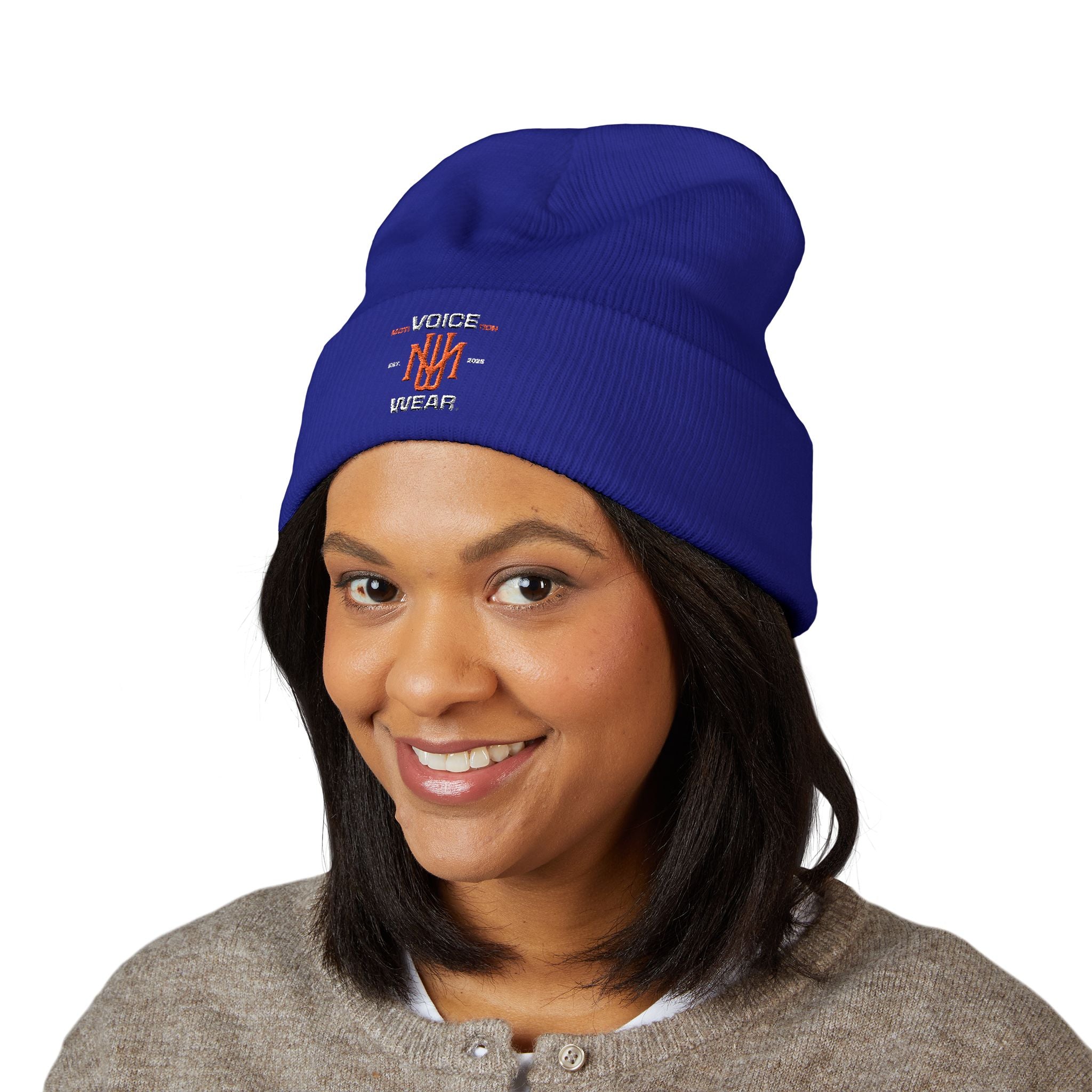 Embroidered "moti-Voice-tion Wear" Cuffed Beanie
