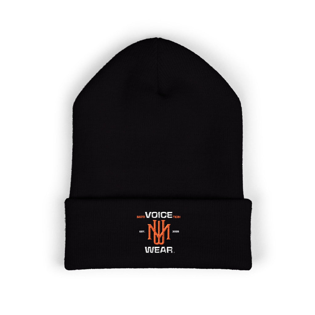 Embroidered "moti-Voice-tion Wear" Cuffed Beanie