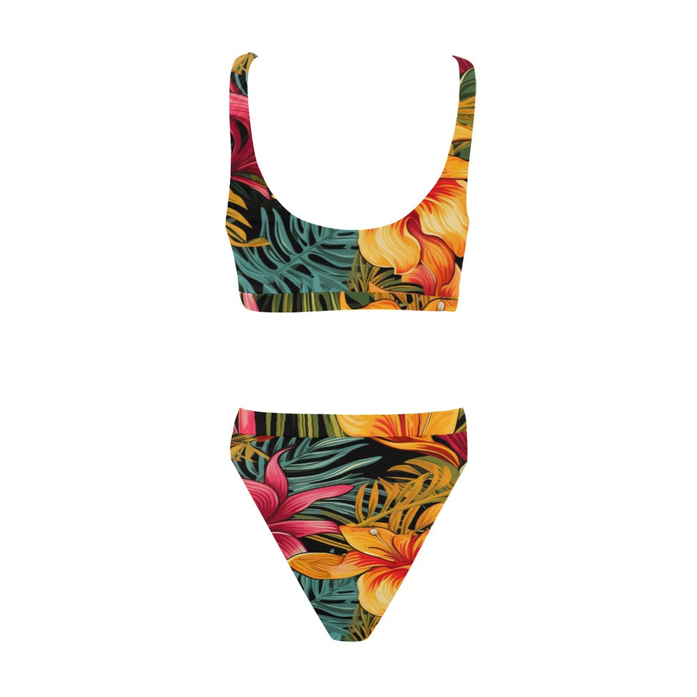 Women's Tropical Sport Bra/Bikini Set Sport Top & High-Waisted Bikini Swimsuit (Model S07)